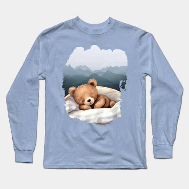 CUTE Teddy Bear Sleeping AND Watercolor Mountains Long Sleeve T-Shirt by Alienated